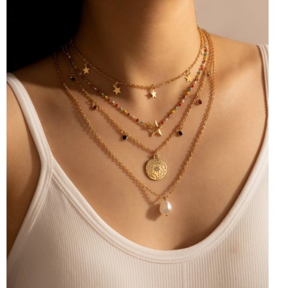 Gold Layered Star & Coin Pendant Necklace with Colored Bead Accents